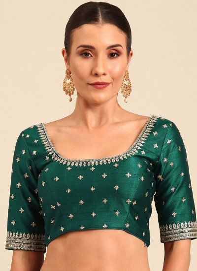 Embroidered Raw Silk Blouse in Green