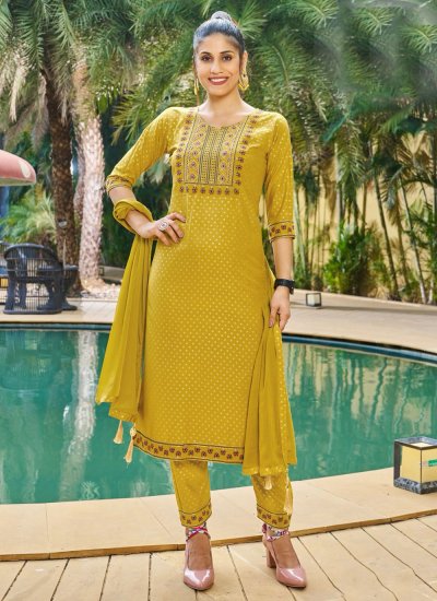 Embroidered Rayon Salwar Suit in Mustard