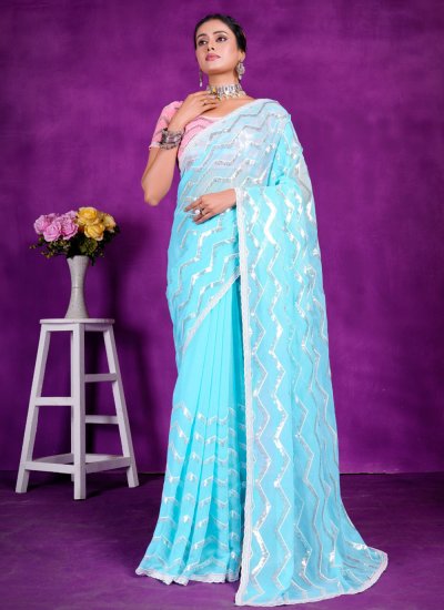 Embroidered Shimmer Contemporary Saree in Aqua Blue