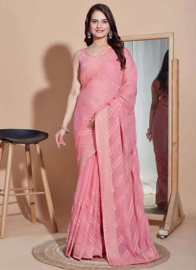Embroidered Silk Contemporary Saree in Pink
