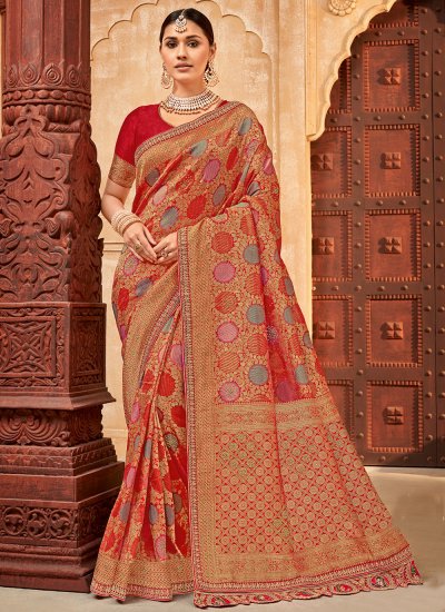 Embroidered Silk Contemporary Saree in Red