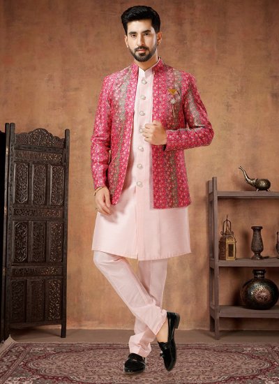 Embroidered Silk Indo Western in Pink and Rani