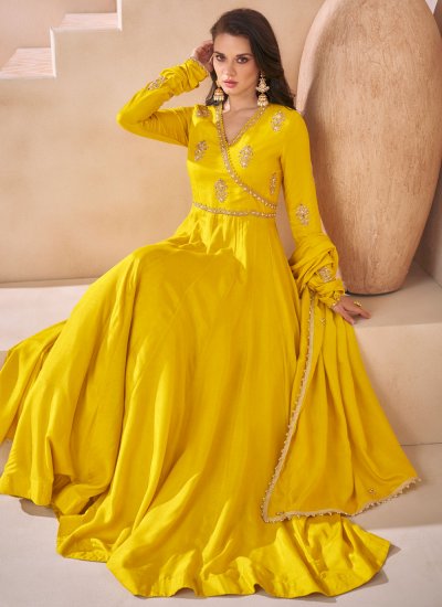 Embroidered Silk Readymade Trendy Gown  in Mustard