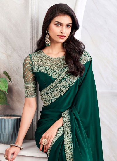 Embroidered Silk Saree in Green