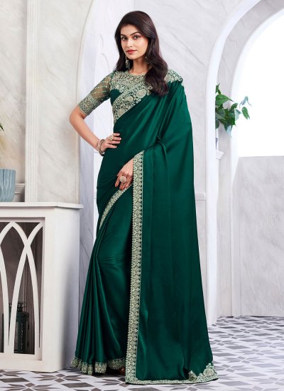 Embroidered Silk Saree in Green