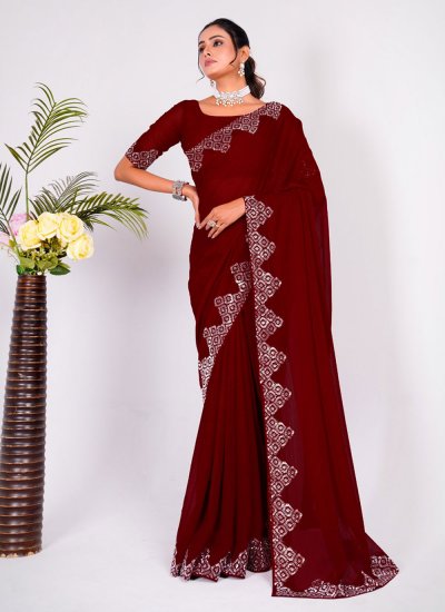 Embroidered Silk Saree in Maroon