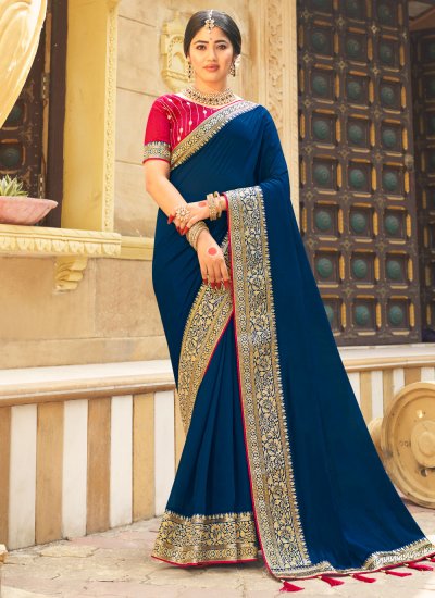 Embroidered Vichitra Silk Trendy Saree in Blue