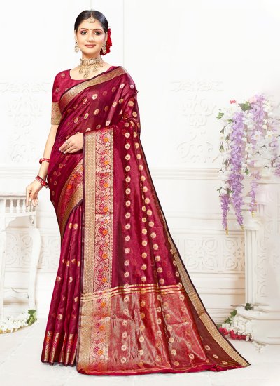 Engrossing Wine Thread Work Casual Saree