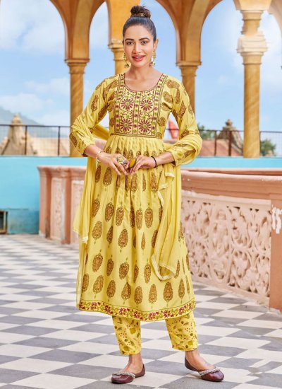 Enthralling Embroidered Rayon Yellow Trendy Salwar Kameez