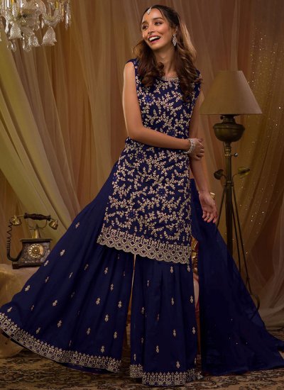 Enticing Georgette Blue Embroidered Trendy Salwar Kameez