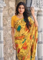 Enticing Georgette Yellow Floral Print Classic Saree