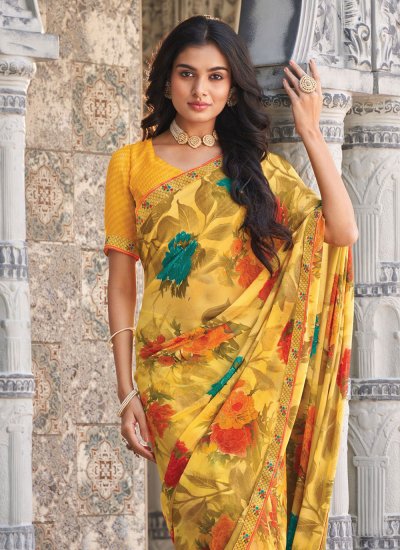 Enticing Georgette Yellow Floral Print Classic Saree
