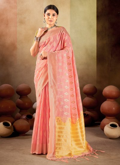 Enticing Linen Weaving Pink Designer Traditional Saree