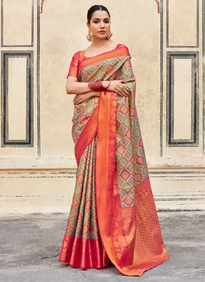 Enticing Orange Weaving Pure Silk Contemporary Style Saree