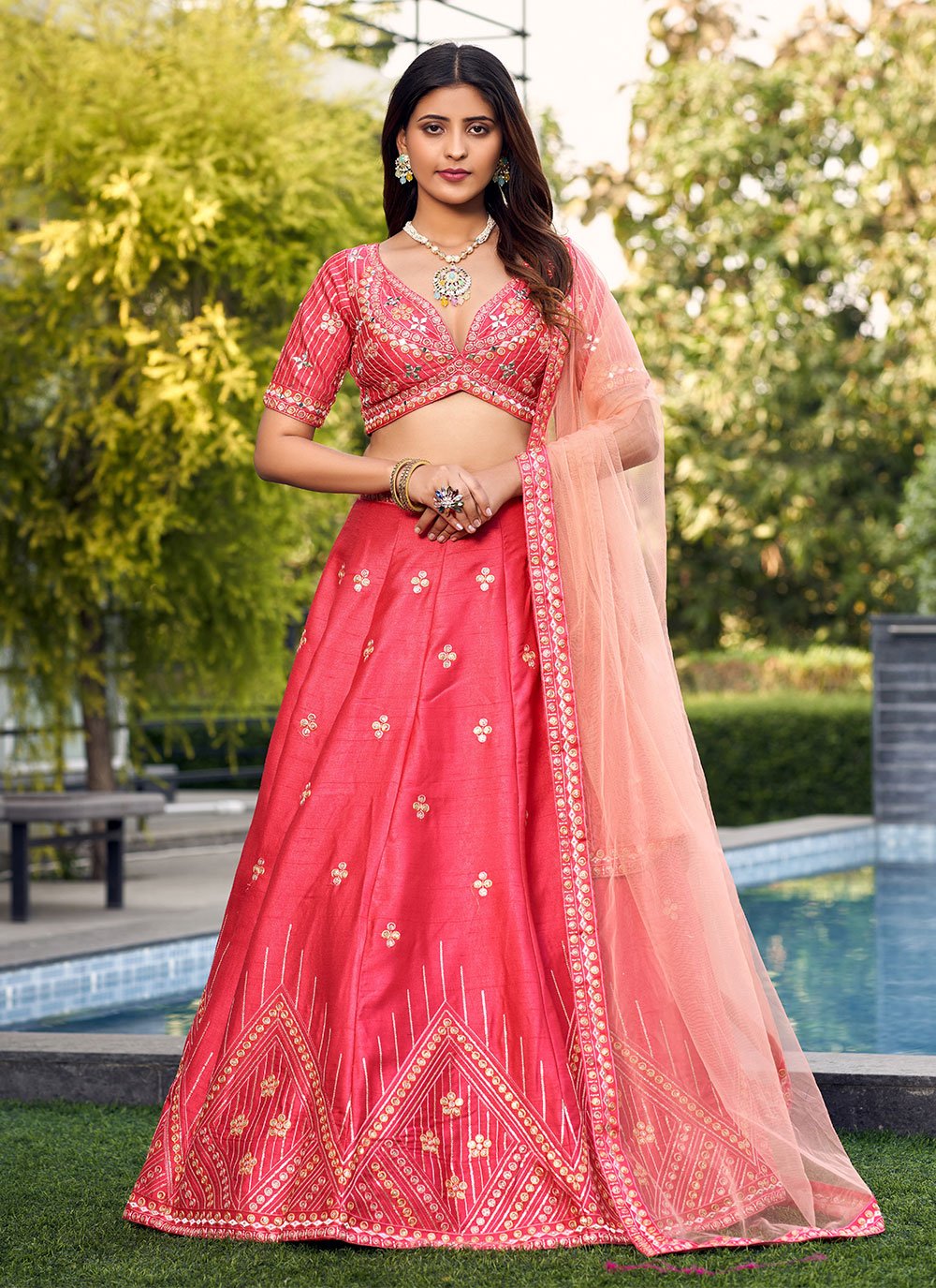 Party Wear Peach Color Sequence Embroidery Work Lehenga Chol