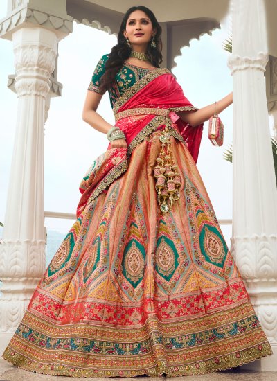 Peach and red bridal lehenga best sale