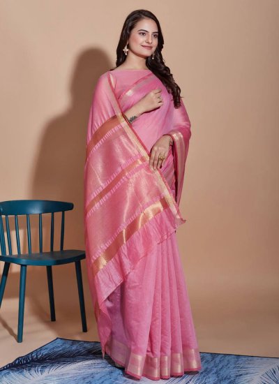 Ethnic Cotton Woven Pink Contemporary Saree