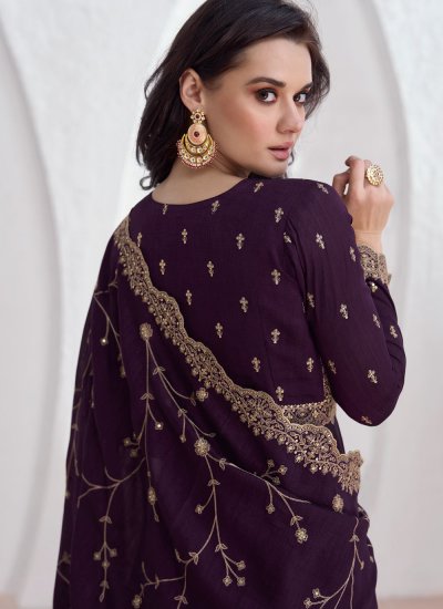 Ethnic Embroidered Silk Wine Designer Gown