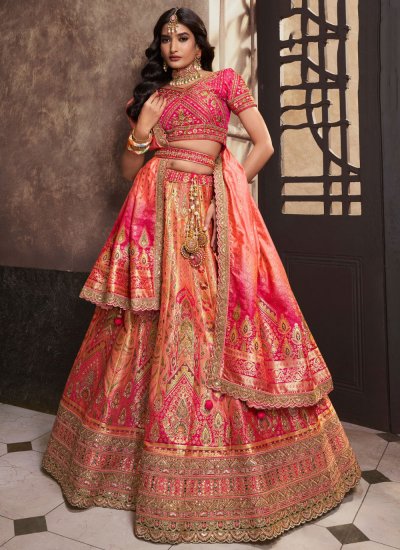 Buy Online Peach and Purple Banarasi Silk Embroidered, Resham and Zari Work  Lehenga Choli : 275439 -