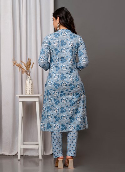 Excellent Printed Cotton Blue Designer Salwar Suit