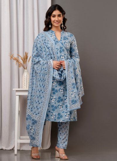 Excellent Printed Cotton Blue Designer Salwar Suit