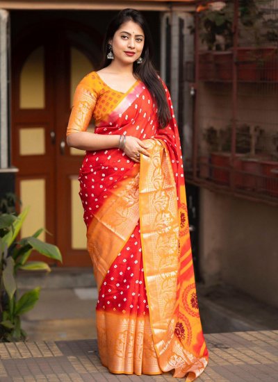 Excellent Printed Red and Yellow Contemporary Saree
