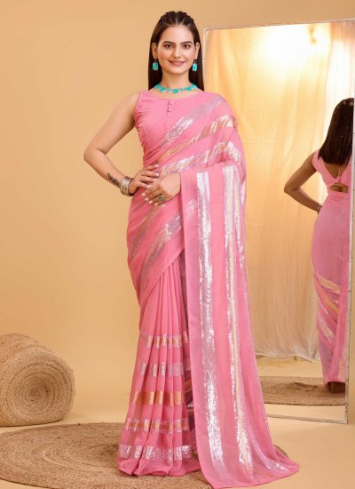 Exceptional Georgette Rose Pink Sequins Saree