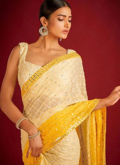 Exceptional Georgette Thread Work White and Yellow Classic Saree