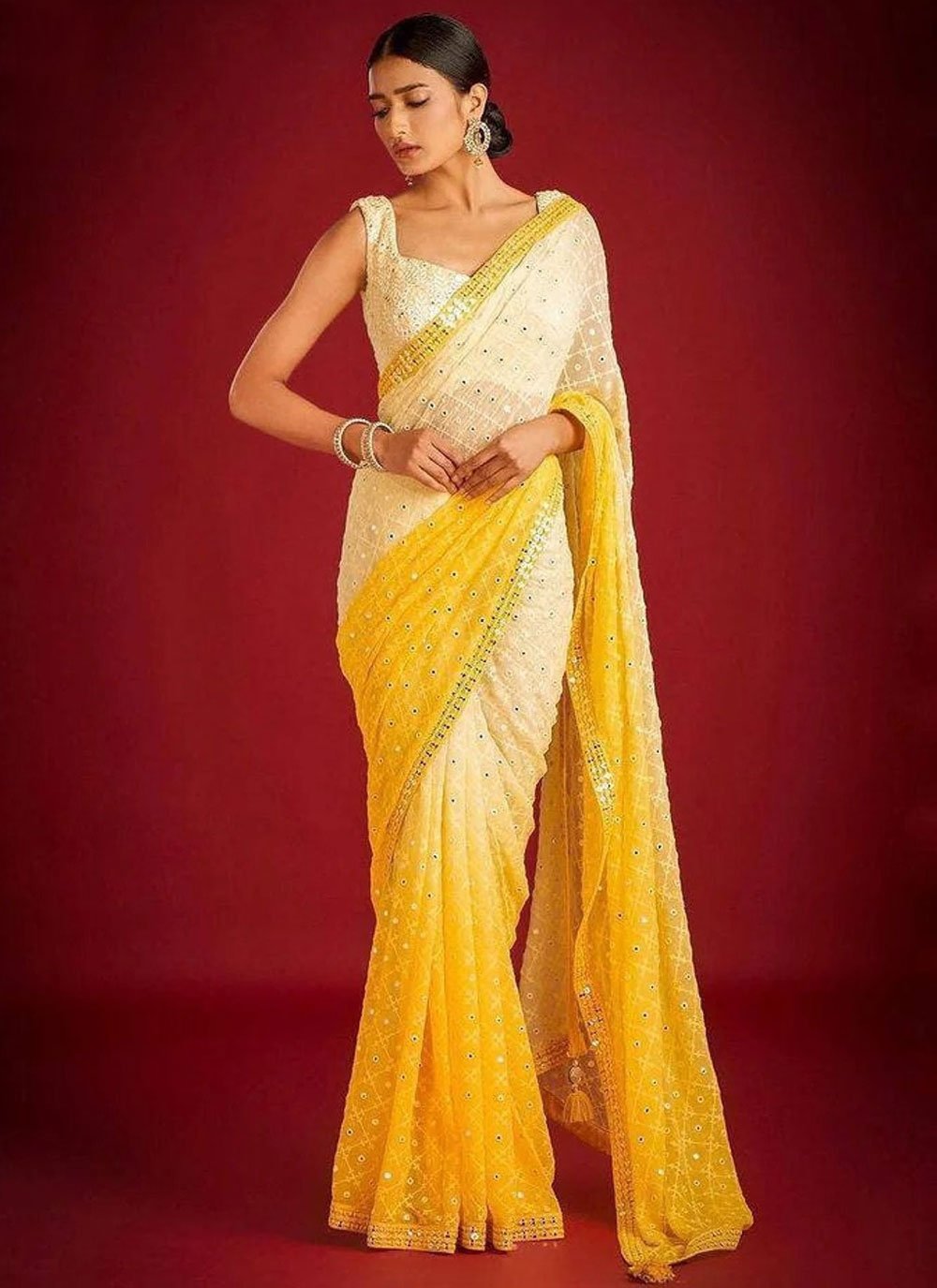 Lemon yellow handwoven linen silver stripes saree with cutwork border