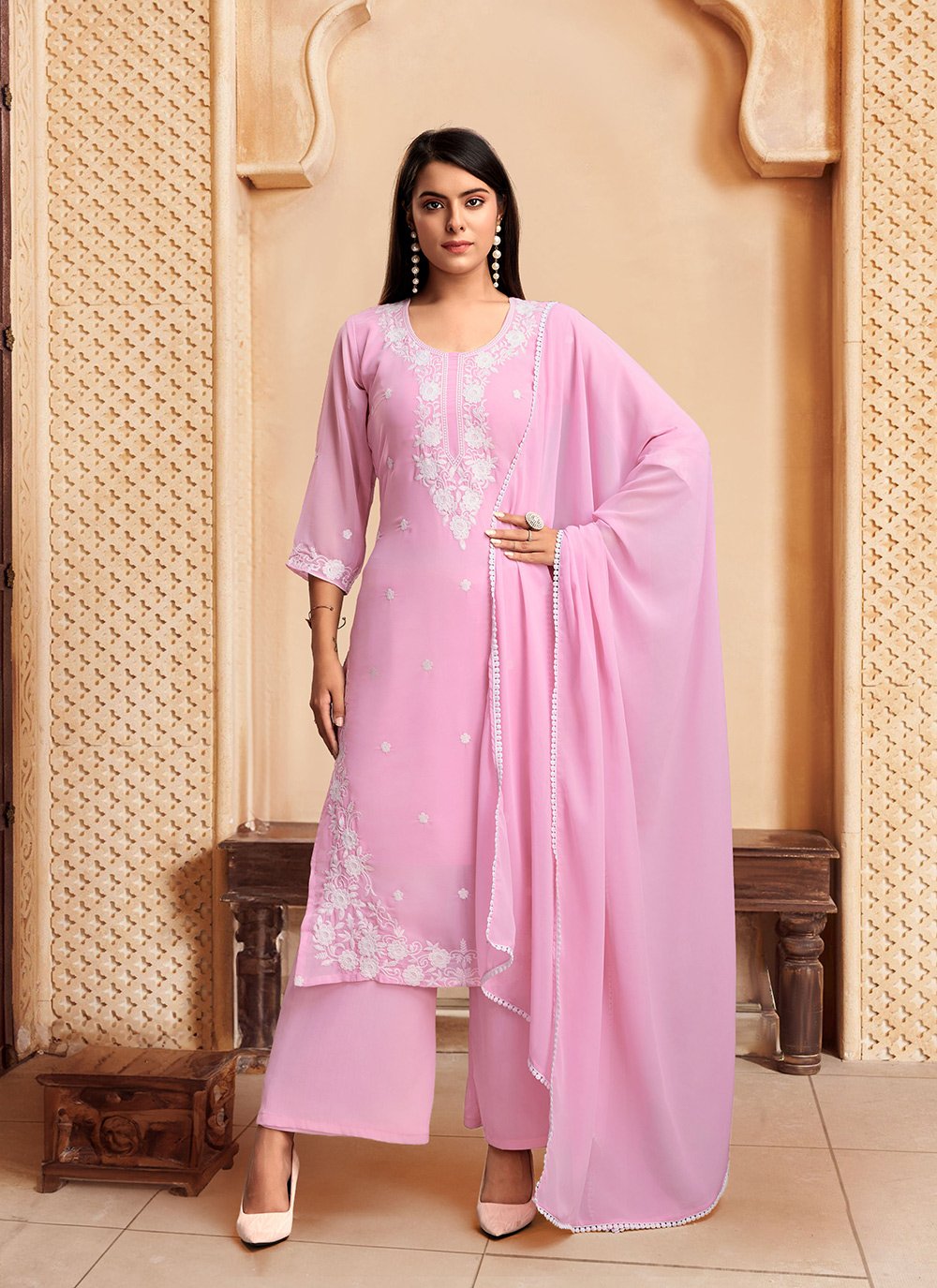 Georgette Plazo Suit Design Exceptional Pink Georgette Designer