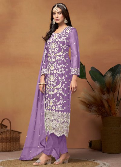 Exceptional Purple Embroidered Organza Pant Style Suit