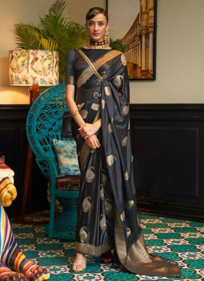 Exceptional Weaving Black Satin Classic Saree