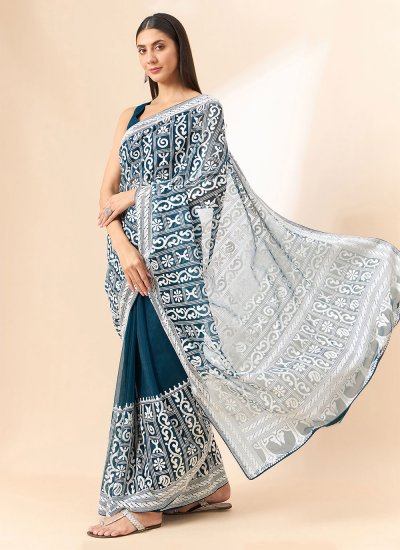 Exciting Blue Embroidered Contemporary Saree