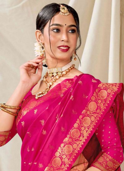 Exciting Pink Woven Silk Trendy Saree