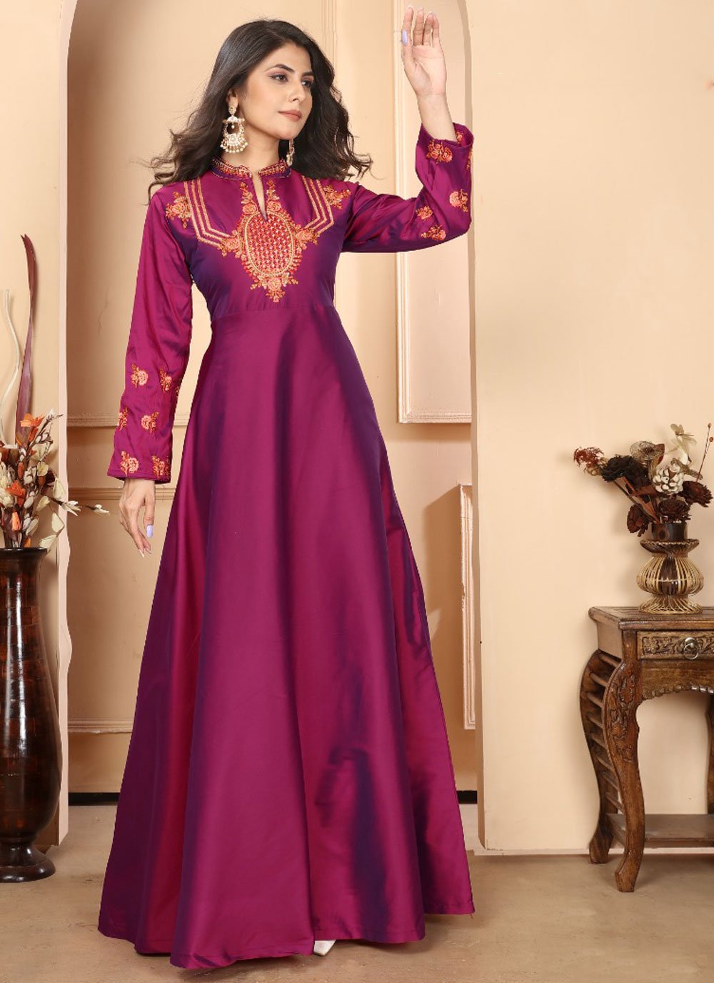 Exotic Burgundy Embroidered Silk Designer Gown Exotic Burgundy Embroidered Silk Designer Gown