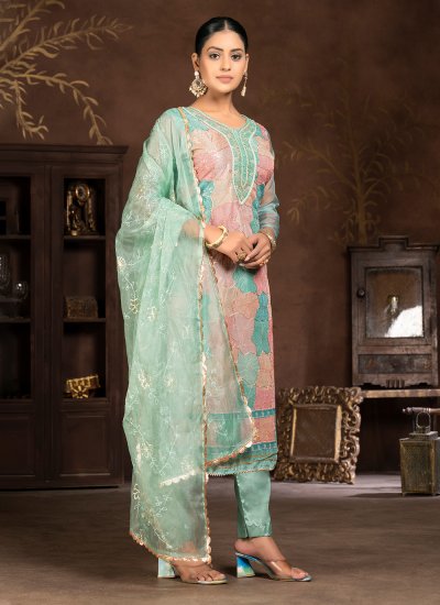 Exquisite Sea Green Organza Trendy Salwar Suit