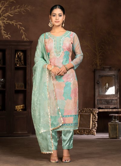 Exquisite Sea Green Organza Trendy Salwar Suit