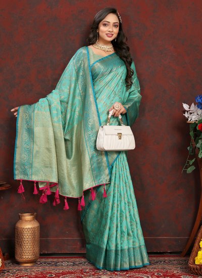 Extraordinary Turquoise Weaving Classic Saree