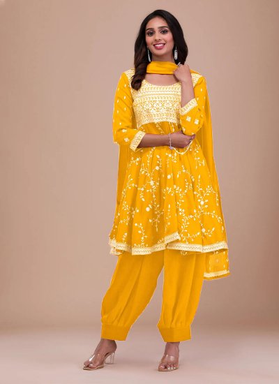 Extraordinary Vichitra Silk Yellow Embroidered Trendy Salwar Suit