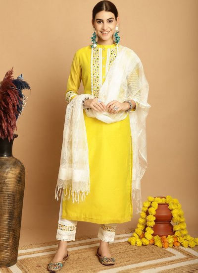 Extraordinary Yellow Embroidered Trendy Salwar Suit