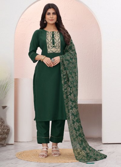 Exuberant Green Embroidered Chinon Pant Style Suit