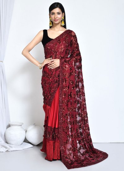 Exuberant Satin Silk Sequins Red Trendy Saree