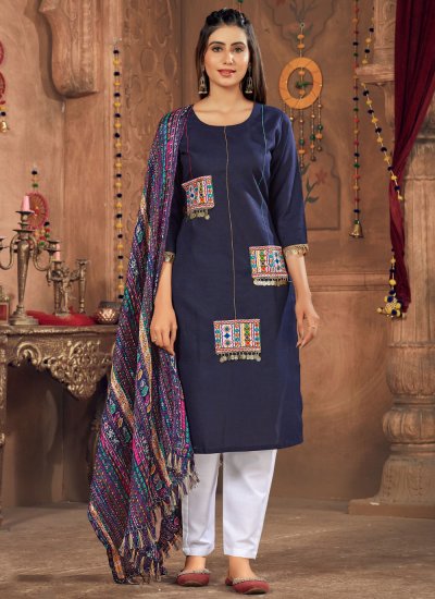 Eye-Catchy Cotton Navy Blue Embroidered Readymade Salwar Kameez