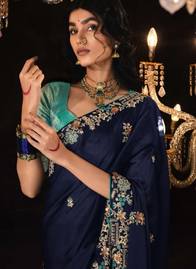Eye-Catchy Embroidered Fancy Fabric Navy Blue Classic Saree