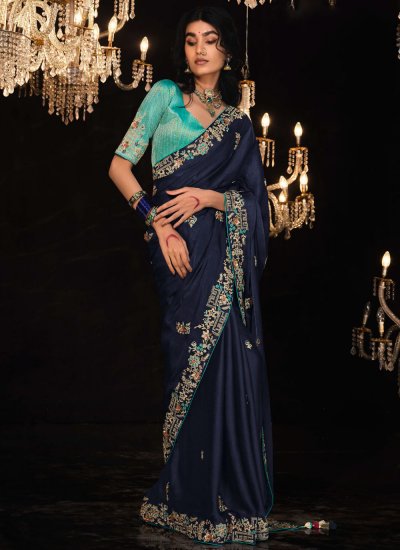 Eye-Catchy Embroidered Fancy Fabric Navy Blue Classic Saree