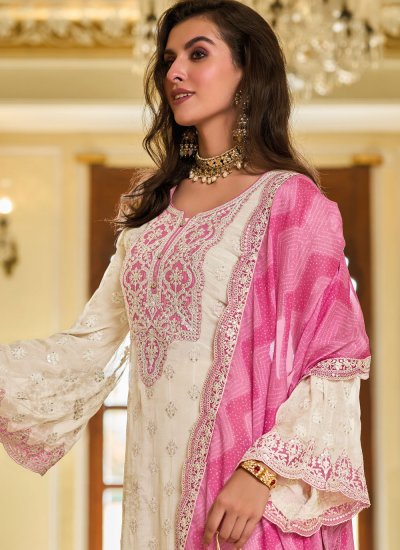 Eye-Catchy Off White and Pink Embroidered Chinon Trendy Designer Salwar Kameez