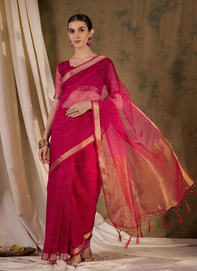Fabulous Pink Woven Organza Casual Saree