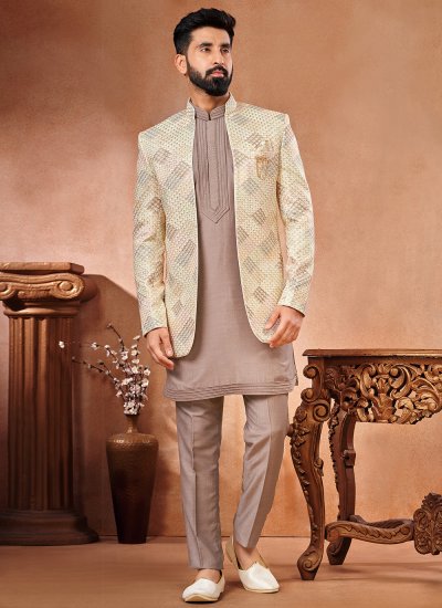 Fancy Art Banarasi Silk Jodhpuri Suit in Cream and Multi Colour