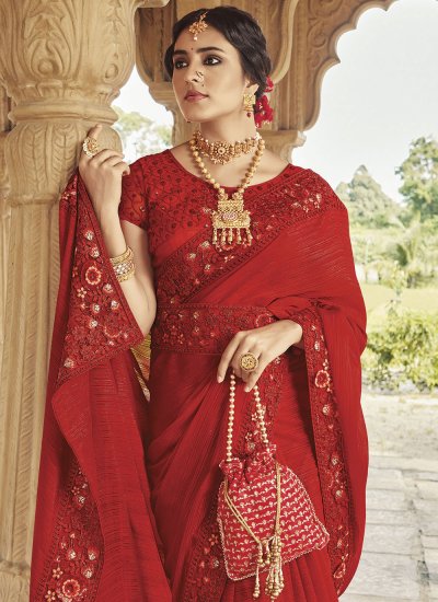 Fancy Fabric Maroon Embroidered Contemporary Style Saree