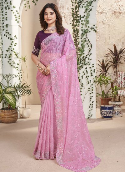 Fancy Fabric Pink Sequins Trendy Saree